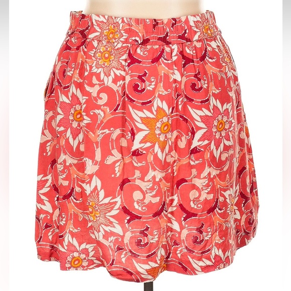 Ann Taylor LOFT Tropical Floral Coral Pink Linen Pleated Full Skirt Size Large L - Picture 1 of 6